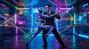 Concepto de interacción humano-tecnología: un hombre y un robot de inteligencia artificial bailando tango en un entorno cyberpunk.