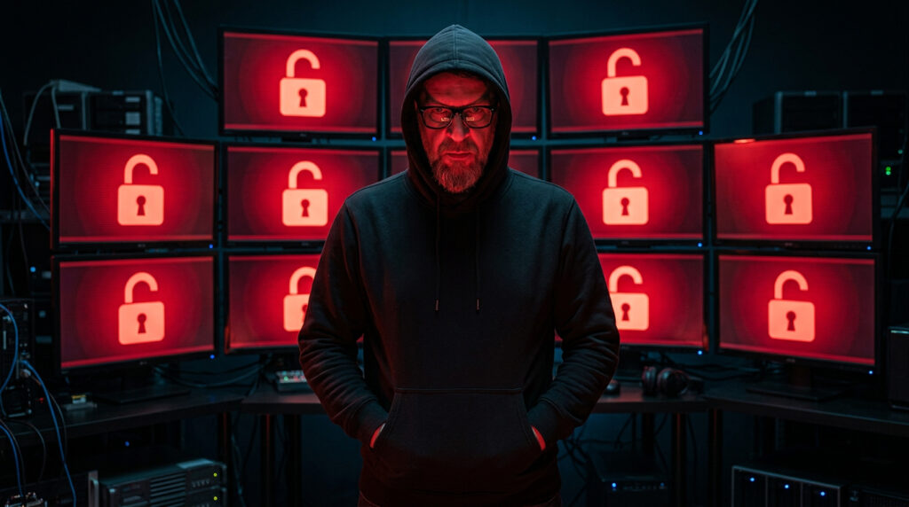 Hacker con hoodie negro frente a monitores rojos con candados abiertos en una habitación oscura de ciberseguridad.