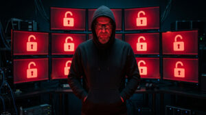 Hacker con hoodie negro frente a monitores rojos con candados abiertos en una habitación oscura de ciberseguridad.
