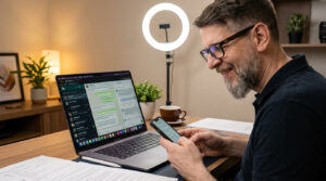 Emprendedor trabajando con notebook y celular para organizar mensajes de clientes y mejorar la atención comercial con inteligencia artificial.