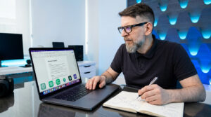 Profesional usando inteligencia artificial en notebook para redactar una propuesta comercial y ordenar ideas de venta.