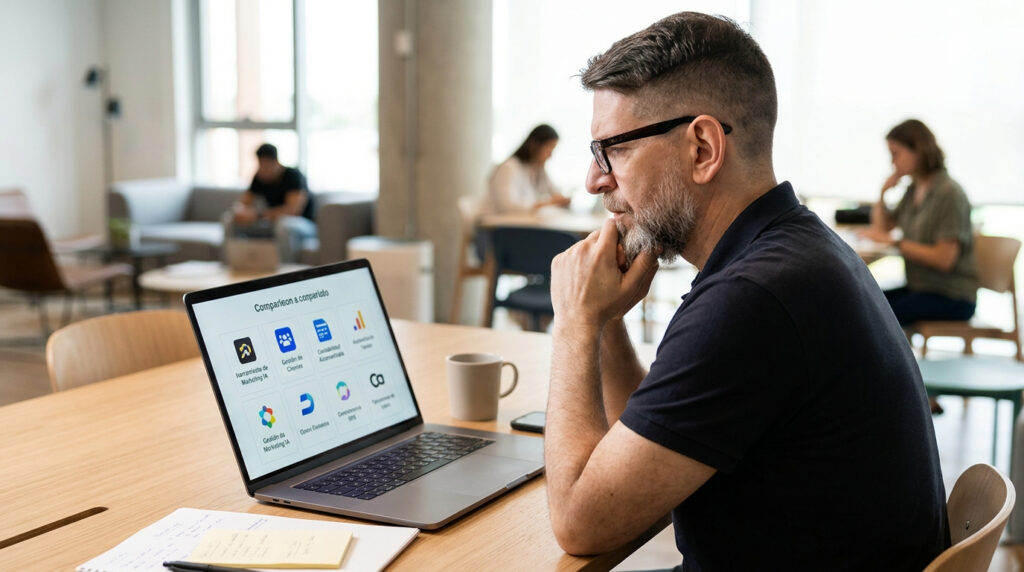 Emprendedor evaluando opciones digitales en una notebook para decidir cómo empezar a usar inteligencia artificial en su negocio.