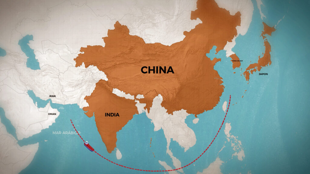 Mapa de Asia con China, India y Japón destacados y ruta marítima energética desde Medio Oriente.