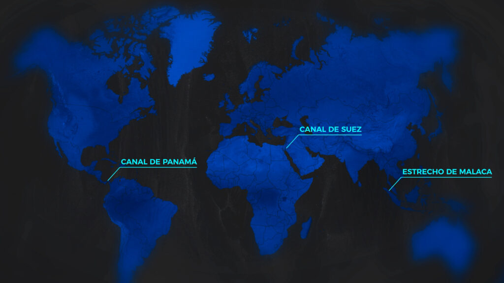 Mapa mundial con el Canal de Panamá, el Canal de Suez y el Estrecho de Malaca destacados como rutas estratégicas.